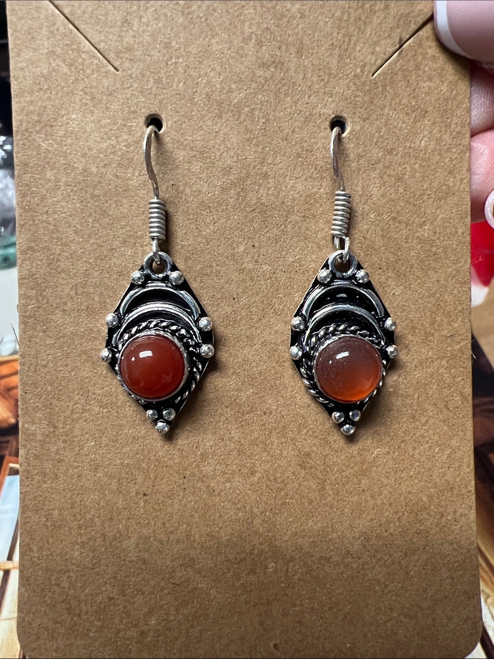 Sterling-Style Silver Drop Earrings with Carnelian Cabochon - Orange